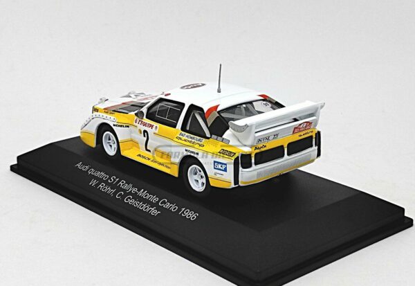 Miniatura de carro Audi Quattro Sport E2 "Night Version" #2 Röhrl/Geistdörfer, 4º lugar Rallye Monte Carlo 1986, escala 1:43, marca CMR