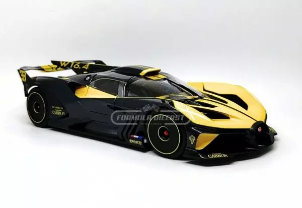 Miniatura de carro Bugatti Bolide W16.4 2020, Amarelo/Carbono, escala 1:18, marca Bburago