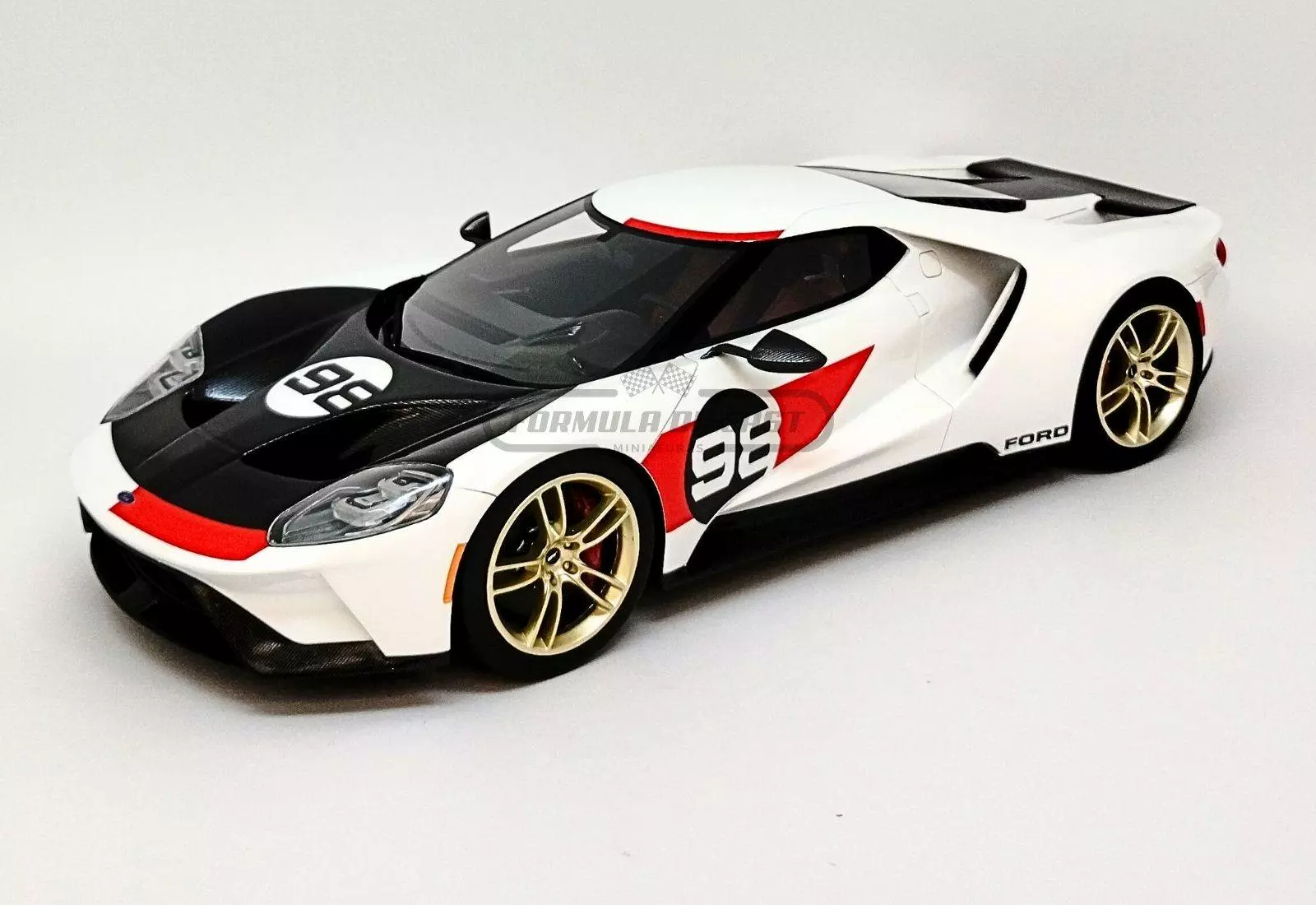 Miniatura de carro Ford GT #98 Heritage Edition 2021, Branco/Vermelho/Preto, escala 1:18, marca Top Speed