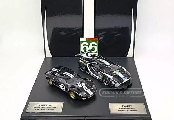 Miniatura de carro Ford GT40 MK II #2 1966 + Ford GT EcoBoost #66, 24h Le Mans 2019, escala 1:43, marca IXO