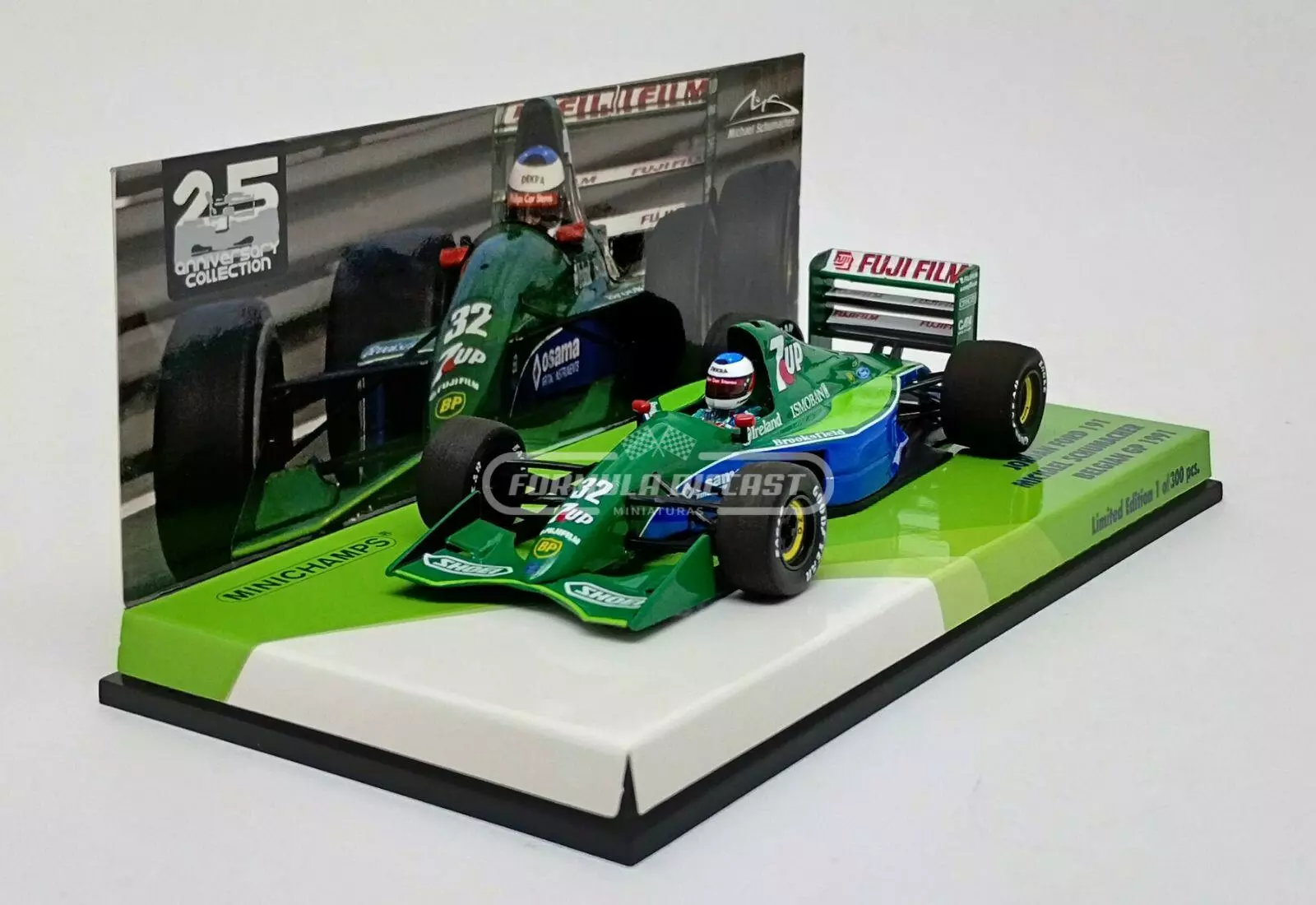 Miniatura de carro Jordan J191 #32 M. Schumacher, Treino Livre GP Bélgica F1 1991, escala 1:43, marca Minichamps