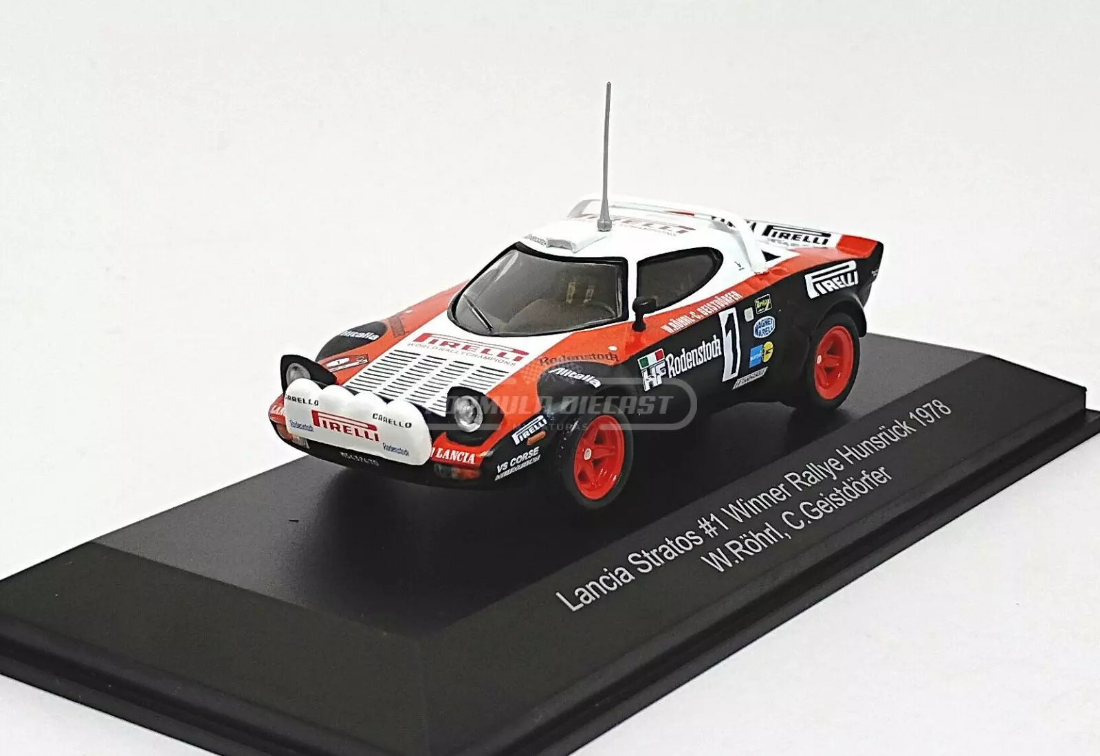 Miniatura de carro Lancia Stratos HF #1 Röhrl/Geistdörfer, Vencedor Rally Hunsrück 1978, escala 1:43, marca CMR