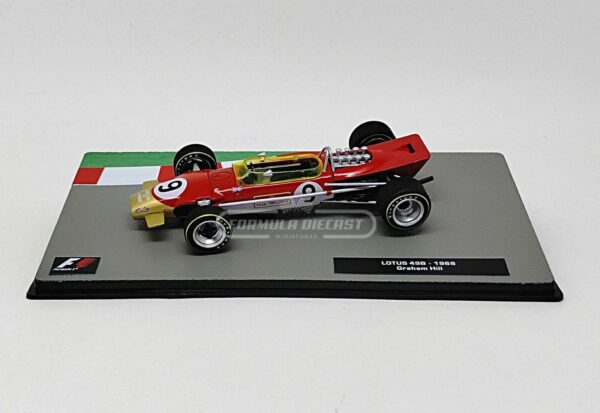 Miniatura de carro Lotus 49B #9 Graham Hill, Vencedor GP de Mônaco, Campeão Mundial F1 1968, escala 1:43, marca Altaya