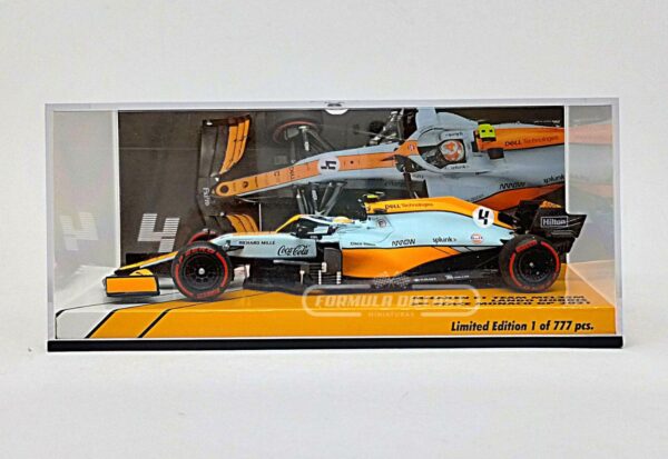 Miniatura de carro McLaren MCL35M #4 L.Norris, 3º lugar GP Mônaco F1 2021, escala 1:43, marca Minichamps