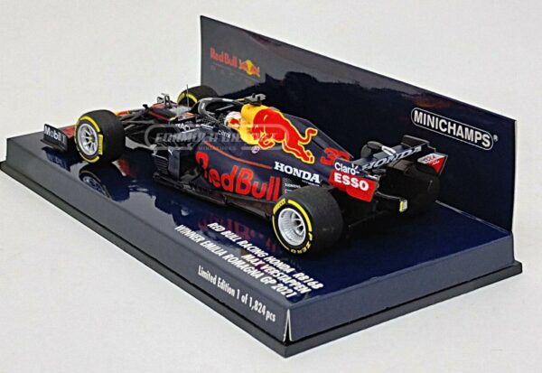 Miniatura de carro Red Bull RB16B #33 M. Verstappen, Vencedor GP Emilia-Romagna, Campeão Mundial F1 2021, escala 1:43, marca Minichamps