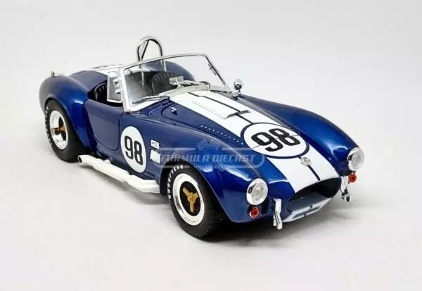 Miniatura de carro Shelby Cobra 427 S/C #98 1965, Azul c/ faixas Brancas, escala 1:18, marca Shelby Collectibles