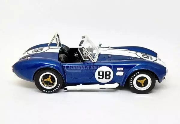 Miniatura de carro Shelby Cobra 427 S/C #98 1965, Azul c/ faixas Brancas, escala 1:18, marca Shelby Collectibles