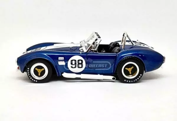 Miniatura de carro Shelby Cobra 427 S/C #98 1965, Azul c/ faixas Brancas, escala 1:18, marca Shelby Collectibles