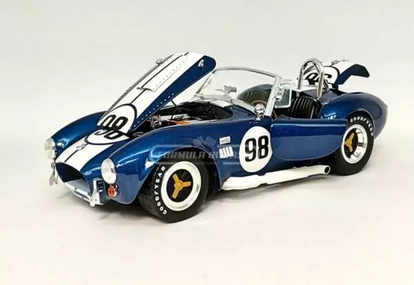 Miniatura de carro Shelby Cobra 427 S/C #98 1965, Azul c/ faixas Brancas, escala 1:18, marca Shelby Collectibles