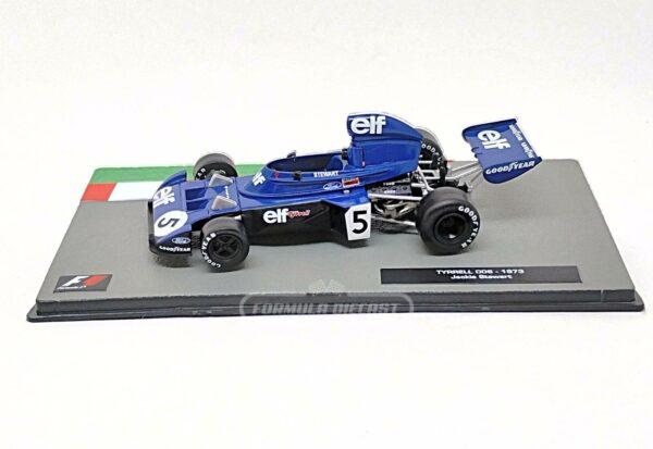 Miniatura de carro Tyrrell 006 #5 J.Stewart, GP Itália, Campeão Mundial F1 1973, escala 1:43, marca Altaya