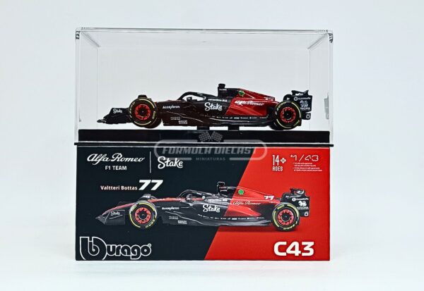 Miniatura de carro Alfa Romeo C43 #77 Valteri Bottas (c/ piloto), F1 2023, escala 1:43, marca Bburago