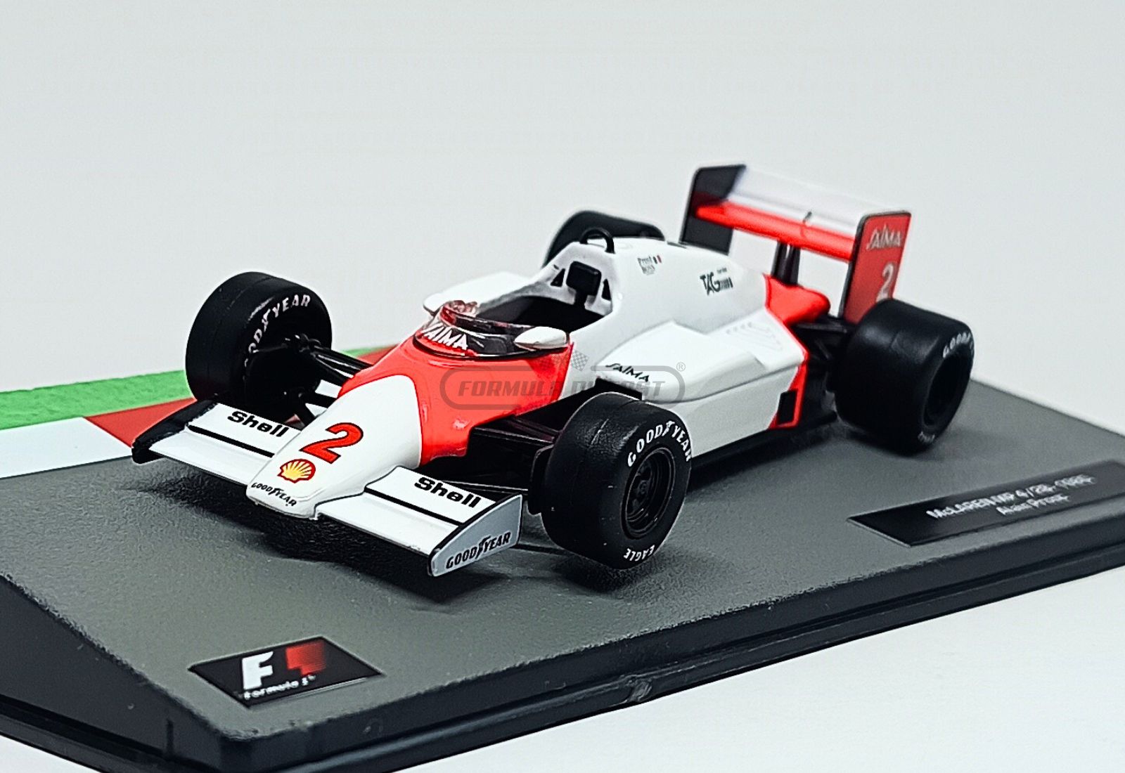 Miniatura de carro McLaren MP4/2B #2 A. Prost, Campeão Mundial F1 1985, escala 1:43, marca Altaya