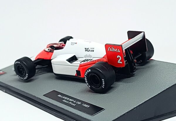 Miniatura de carro McLaren MP4/2B #2 A. Prost, Campeão Mundial F1 1985, escala 1:43, marca Altaya