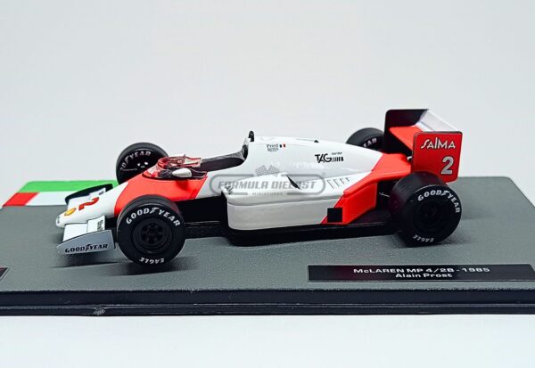 Miniatura de carro McLaren MP4/2B #2 A. Prost, Campeão Mundial F1 1985, escala 1:43, marca Altaya