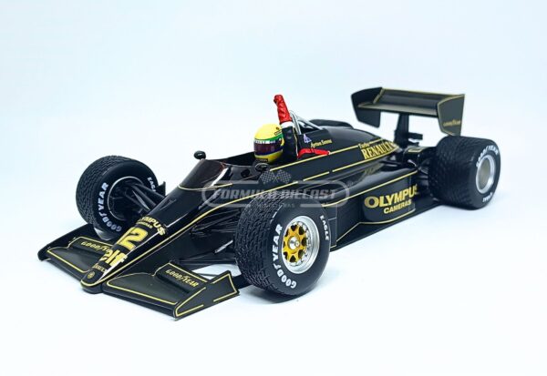 Miniatura de carro Lotus Renault 97T Ayrton Senna, vencedor do GP Portugal F1 1985, escala 1:18, marca Minichamps