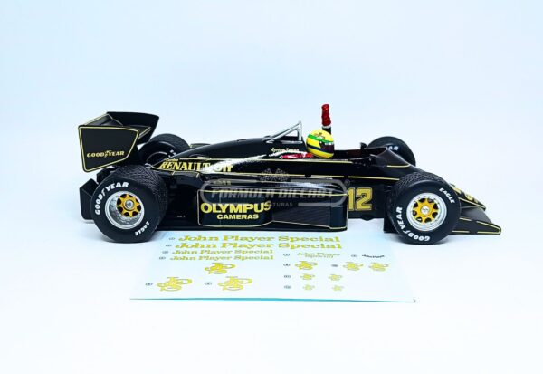 Miniatura de carro Lotus Renault 97T Ayrton Senna, vencedor do GP Portugal F1 1985, escala 1:18, marca Minichamps