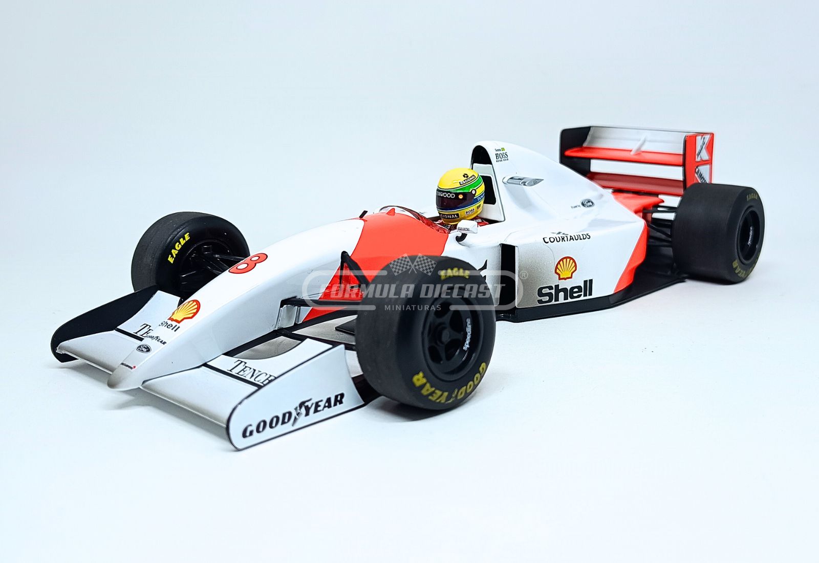 Miniatura de carro McLaren Honda MP4/8 #8 Ayrton Senna, vencedor do GP Austrália F1 1993 (última vitória), escala 1:18, marca Minichamps