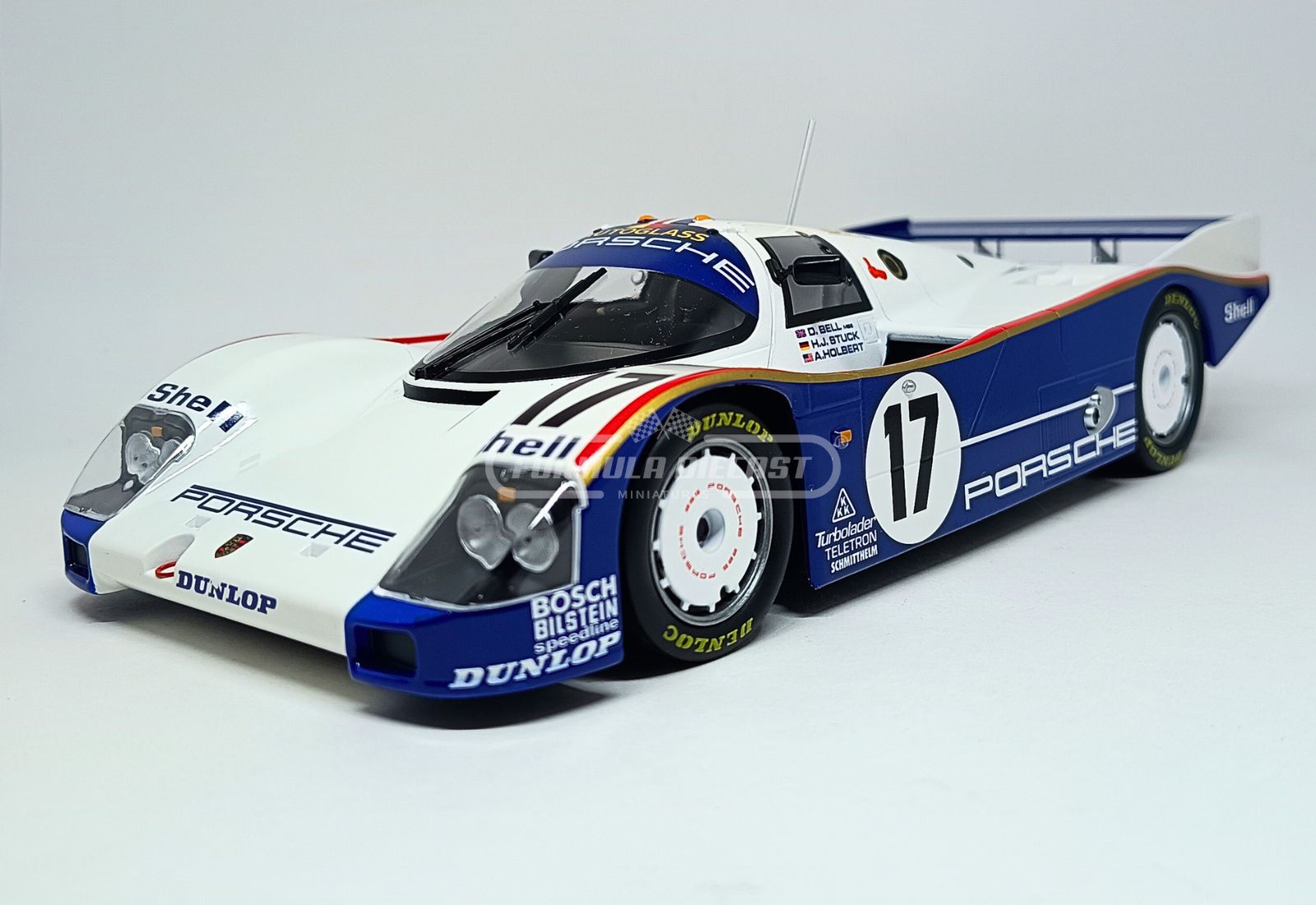 Miniatura de carro Porsche 962C #17 Bell/Stuck/Holbert, vencedor das 24h Le Mans 1987, edição limitada 1.000 peças, com decalques Rothmans, escala 1:18, marca Norev