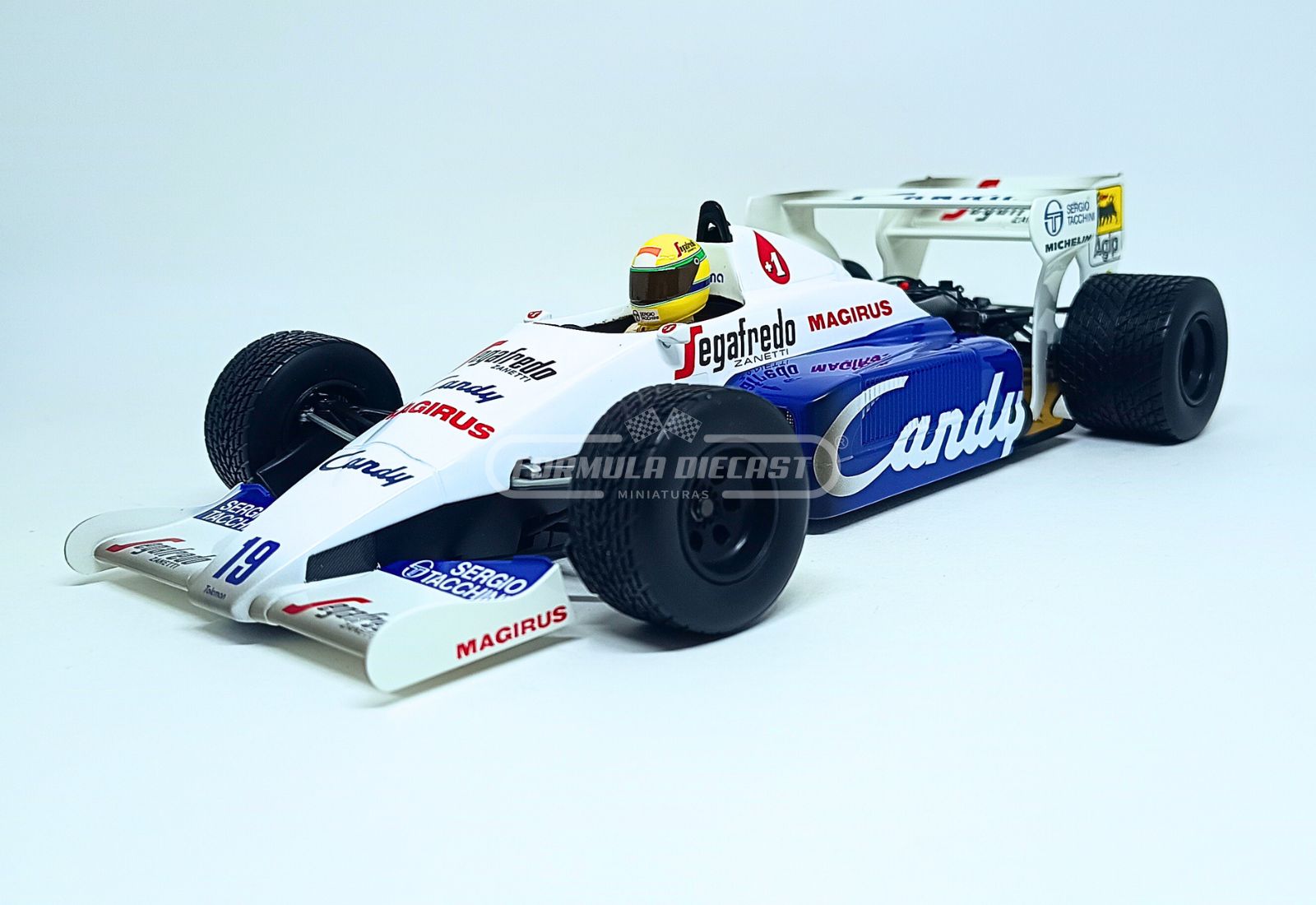 Miniatura de carro Toleman Hart TG184 Ayrton Senna, GP Mônaco F1 1984, escala 1:18, marca Minichamps