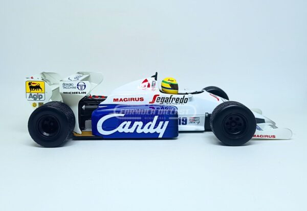 Miniatura de carro Toleman Hart TG184 Ayrton Senna, GP Mônaco F1 1984, escala 1:18, marca Minichamps