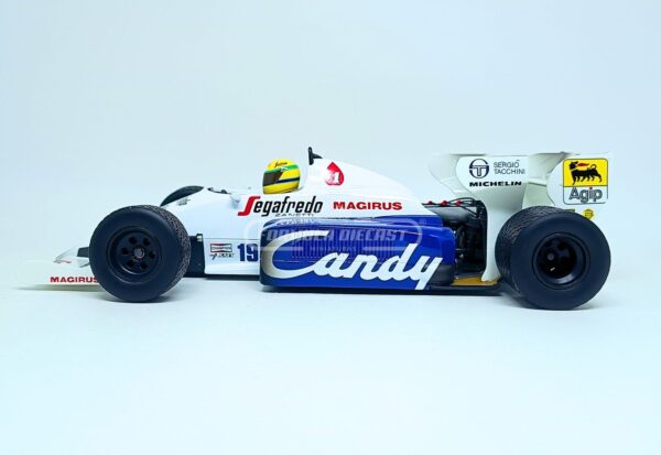 Miniatura de carro Toleman Hart TG184 Ayrton Senna, GP Mônaco F1 1984, escala 1:18, marca Minichamps