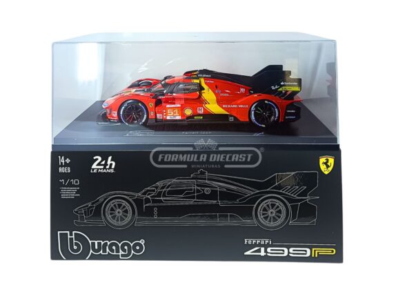 Miniatura de carro Ferrari 499P #51 A.Pier Guidi/J.Calado/A.Giovinazzi, vencedor das 24h Le Mans 2023, escala 1:18, marca Bburago