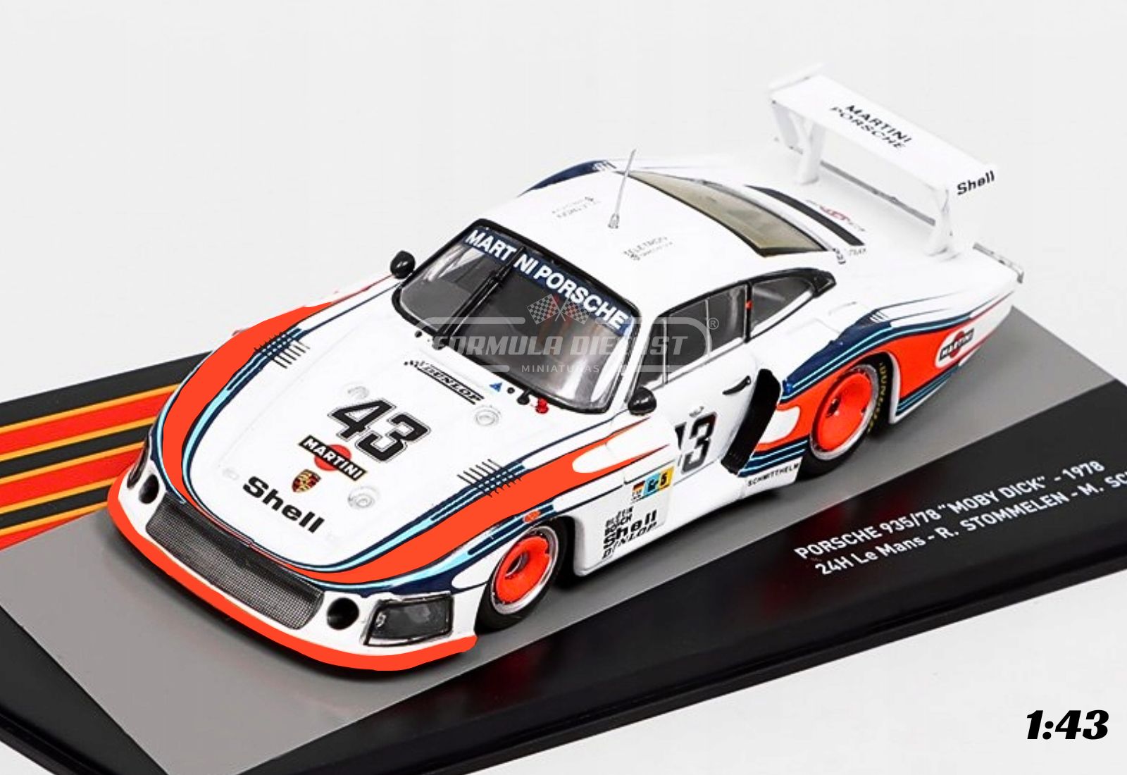 Miniatura de carro Porsche 935/78 Moby Dick #43 Schurti/Stommelen, 8º lugar nas 24h Le Mans 1978, escala 1:43, marca Altaya