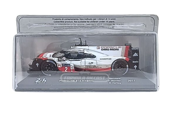 Miniatura de carro Porsche 919 Hybrid #2 T.Bernhard/E.Bamber/B.Hartley, vencedor das 24h Le Mans 2017, escala 1:43, marca Altaya