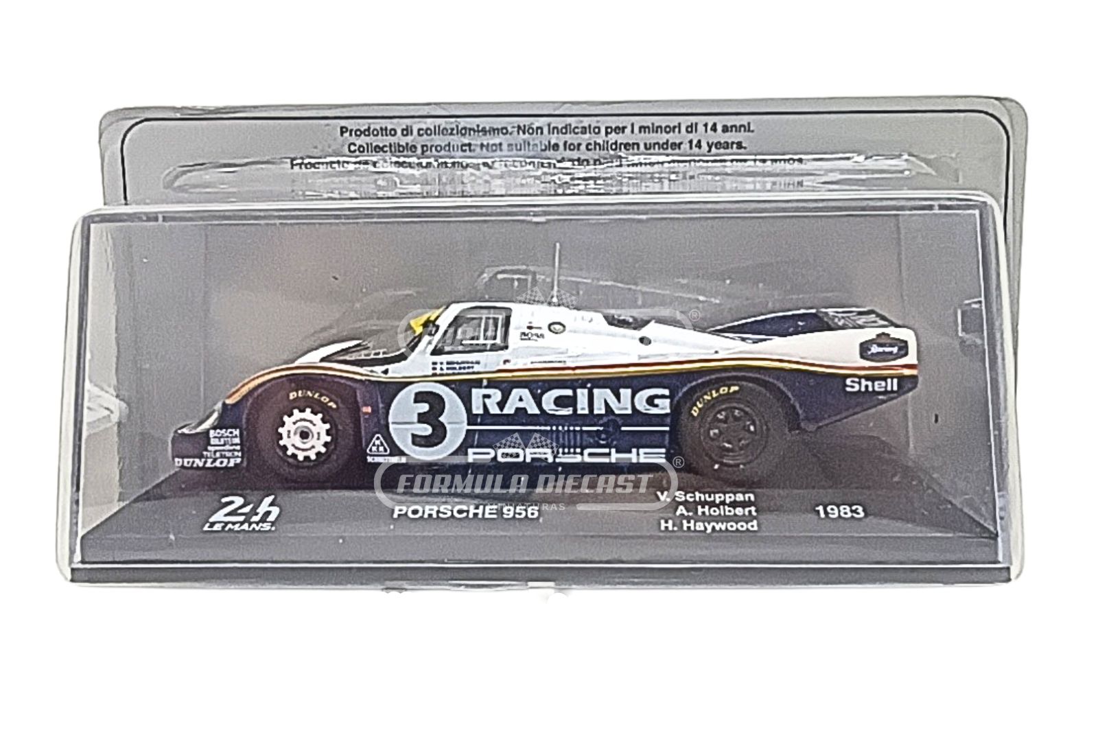 Miniatura de carro Porsche 956 #3 A.Holbert/H.Haywood/V.Schuppan, vencedor das 24h Le Mans 1983, escala 1:43, marca Altaya