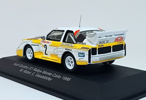 Miniatura de carro Audi Quattro Sport E2 #2 pilotado por Röhrl e Geistdörfer, 4º lugar no Rallye Monte Carlo 1986, escala 1:43, marca CMR