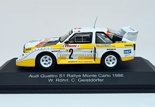 Miniatura de carro Audi Quattro Sport E2 #2 pilotado por Röhrl e Geistdörfer, 4º lugar no Rallye Monte Carlo 1986, escala 1:43, marca CMR