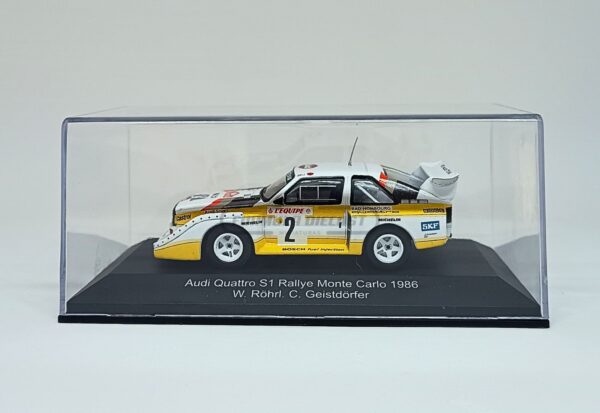 Miniatura de carro Audi Quattro Sport E2 #2 pilotado por Röhrl e Geistdörfer, 4º lugar no Rallye Monte Carlo 1986, escala 1:43, marca CMR