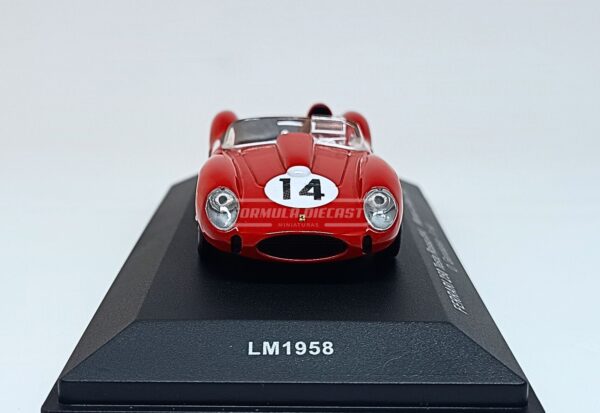 Miniatura de carro Ferrari 250 Testa Rossa #14 pilotado por Gendebien e Hill, vencedor das 24h de Le Mans 1958, escala 1:43, marca IXO