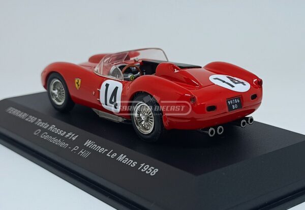 Miniatura de carro Ferrari 250 Testa Rossa #14 pilotado por Gendebien e Hill, vencedor das 24h de Le Mans 1958, escala 1:43, marca IXO