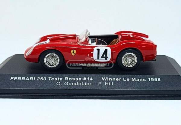 Miniatura de carro Ferrari 250 Testa Rossa #14 pilotado por Gendebien e Hill, vencedor das 24h de Le Mans 1958, escala 1:43, marca IXO