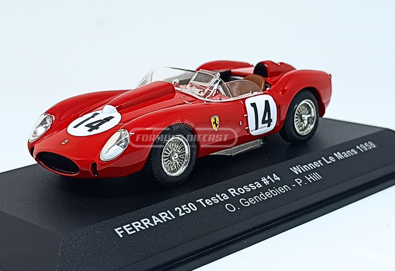 Miniatura de carro Ferrari 250 Testa Rossa #14 pilotado por Gendebien e Hill, vencedor das 24h de Le Mans 1958, escala 1:43, marca IXO