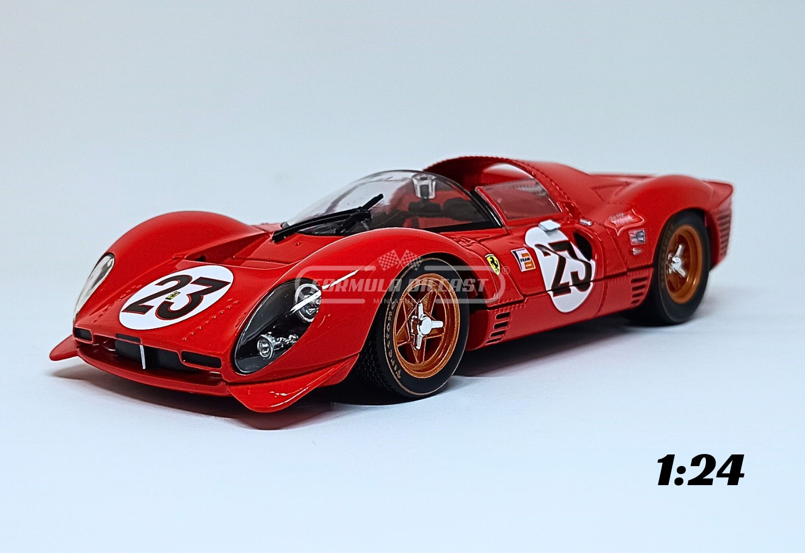 Miniatura de carro Ferrari 330 P4 #23 L. Bandini/C. Amon, vencedor das 24h Daytona 1967, escala 1:24, marca Bburago