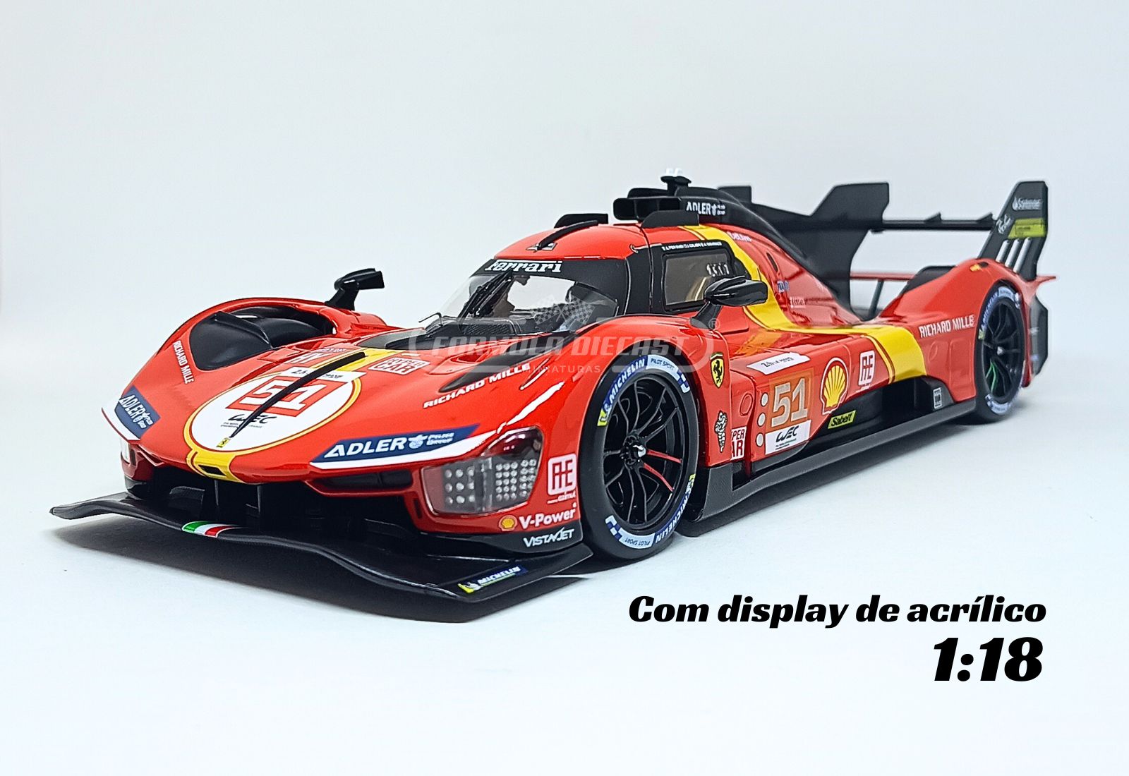 Miniatura de carro Ferrari 499P #51 A.Pier Guidi/J.Calado/A.Giovinazzi, vencedor das 24h Le Mans 2023, escala 1:18, marca Bburago