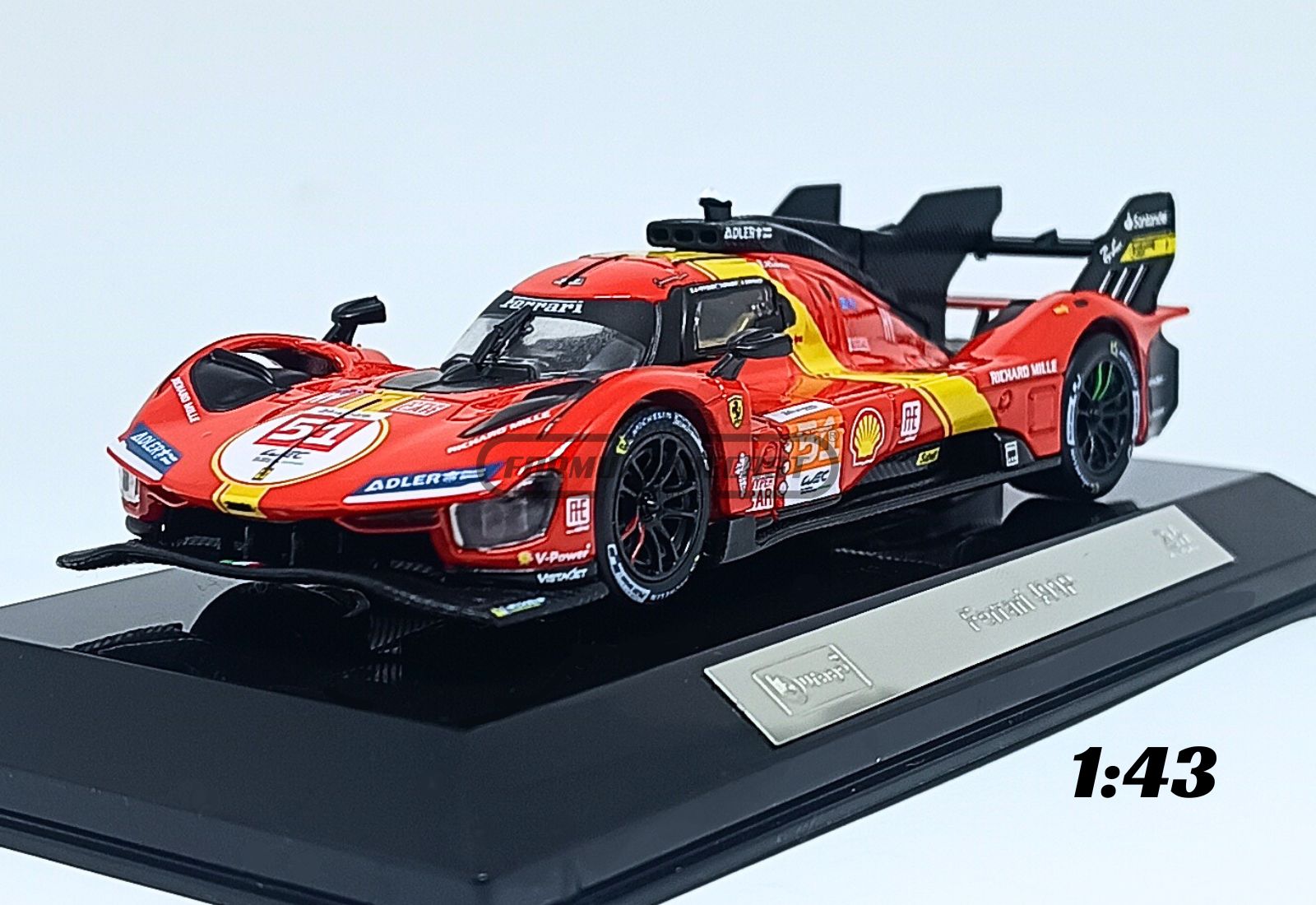 Miniatura de carro Ferrari 499P #51 A. Pier Guidi/J. Calado/A. Giovinazzi, vencedor das 24h Le Mans 2023, escala 1:43, marca Bburago