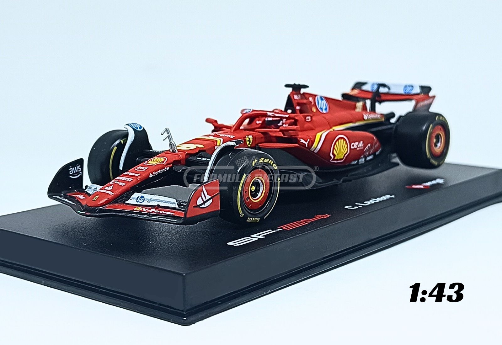 Miniatura de carro Ferrari SF-24 #16 C. Leclerc, F1 2024, escala 1:43, marca Bburago