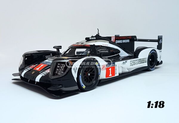 Miniatura de carro Porsche 919 Hybrid #1 pilotado por Bernhard, Hartley e Webber, 24h Le Mans 2016, escala 1:18, marca IXO