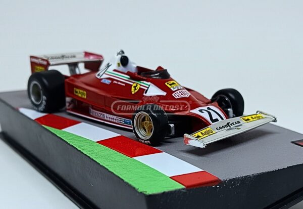 Miniatura de carro Ferrari 312T2 #21 pilotado por Gilles Villeneuve no GP do Canadá F1 1977, escala 1:43, marca Altaya