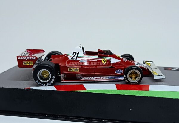 Miniatura de carro Ferrari 312T2 #21 pilotado por Gilles Villeneuve no GP do Canadá F1 1977, escala 1:43, marca Altaya