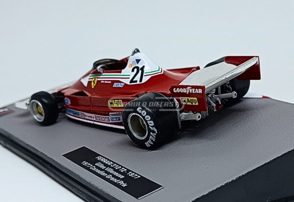 Miniatura de carro Ferrari 312T2 #21 pilotado por Gilles Villeneuve no GP do Canadá F1 1977, escala 1:43, marca Altaya
