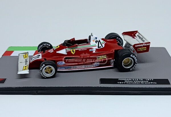 Miniatura de carro Ferrari 312T2 #21 pilotado por Gilles Villeneuve no GP do Canadá F1 1977, escala 1:43, marca Altaya