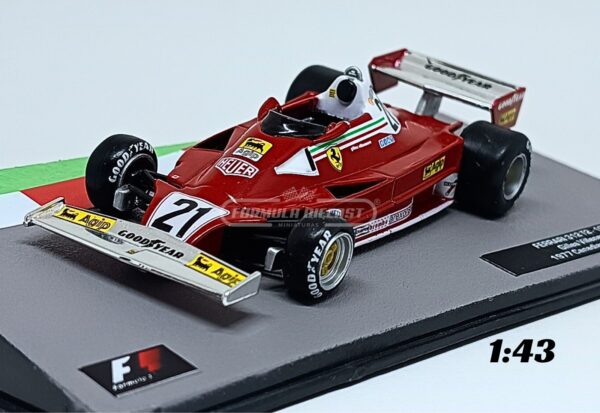 Miniatura de carro Ferrari 312T2 #21 pilotado por Gilles Villeneuve no GP do Canadá F1 1977, escala 1:43, marca Altaya