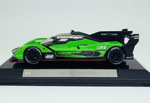 Miniatura de carro Lamborghini SC63 LMDh #63 da temporada WEC 2023, escala 1:43, marca Bburago