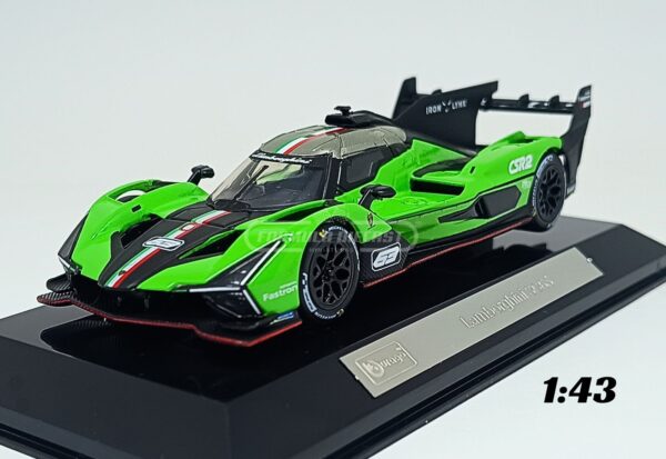 Miniatura de carro Lamborghini SC63 LMDh #63 da temporada WEC 2023, escala 1:43, marca Bburago