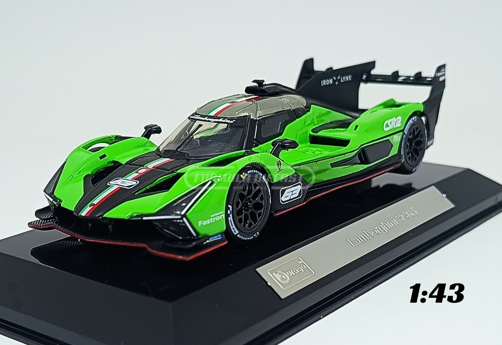 Miniatura de carro Lamborghini SC63 LMDh #63 da temporada WEC 2023, escala 1:43, marca Bburago