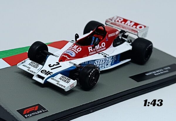 Miniatura de carro Martini MK23 #31 pilotado por René Arnoux na temporada F1 1978, escala 1:43, marca Altaya